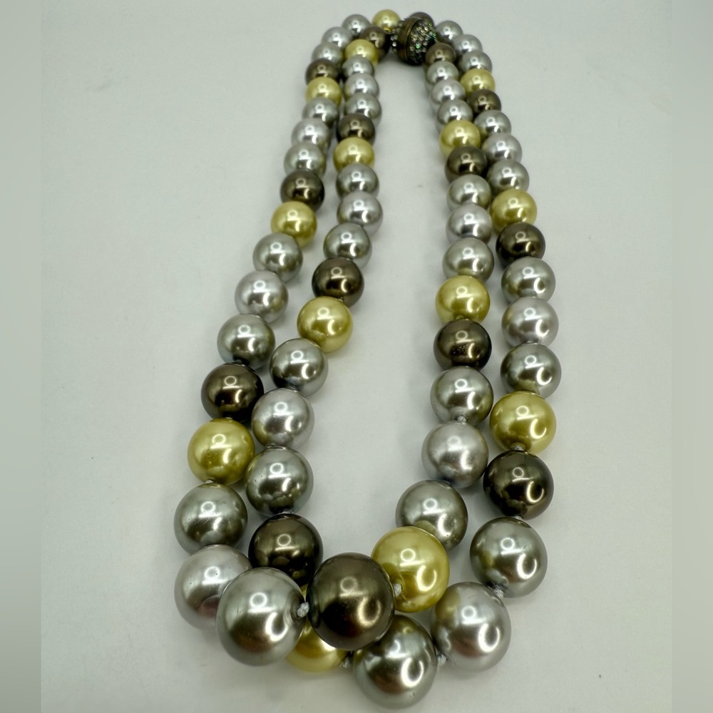 Heidi Daus Faux Pearl Necklace 36” — Multi-Tone Double Strand w Pave Screw Clasp - Picture 17 of 17